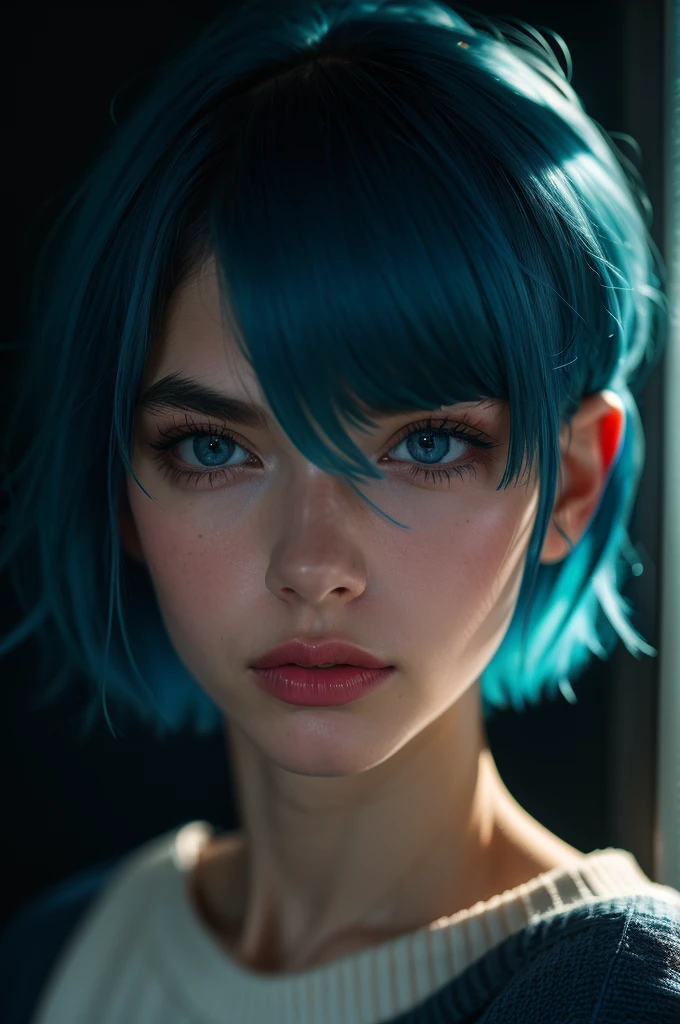 Instagram Photos, French woman, 21 years old, square hair cut,Blue hair, Close-up portrait, sweater, Neckline, pale, Sharp Shadow