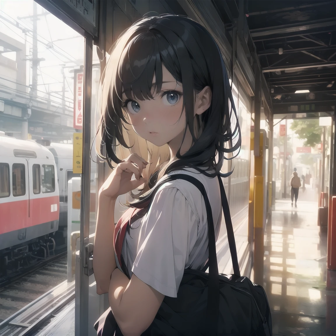 Portraiture, documentary, photograph, A girl is 13 years old gender-neutral middle school student with short black hair and , 疲れた表情でCommuting路を歩いている , skirt, Commuting route, high quality, Realistic, Eye-level shot, Medium Shot, Front view, Natural light, Commuting,break,One girl, (alone, face,13 years old:1.5),, The charm of androgyny, Flat Chest, Small Ass, Beautiful and exquisite black eyes, Disgusted Eyes,break,((最high quality,Anime Style, Super detailed,High resolution,Highly detailed CG,unity 8k wallpaper,By famous artists,Perfect Anatomy,Highly detailed skin,Cinema Lighting)),Japan railway crossing