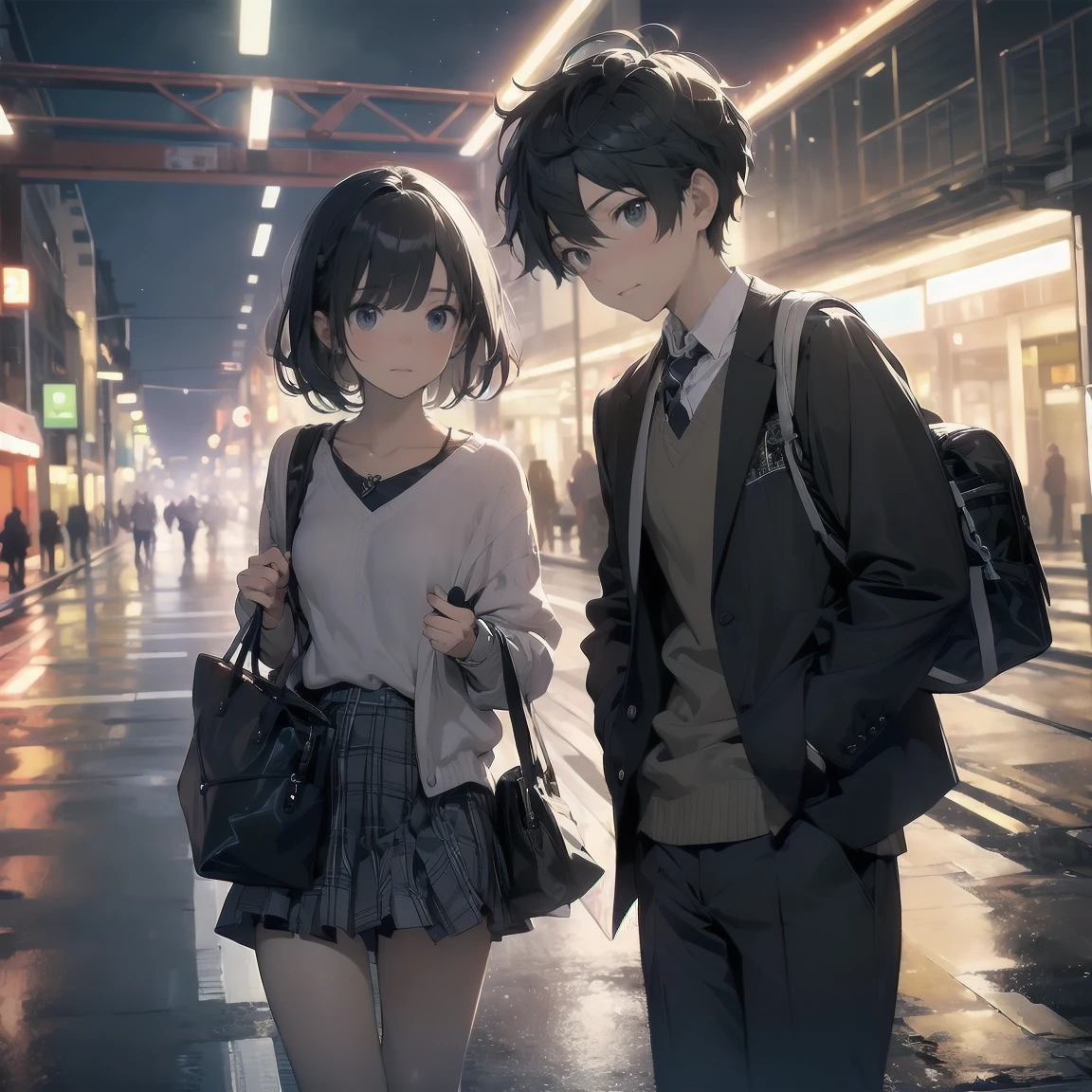 Portraiture, documentary, photograph, A girl is 13 years old gender-neutral middle school student with short black hair and , 疲れた表情でCommuting路を歩いている , skirt, Commuting route, high quality, Realistic, Eye-level shot, Medium Shot, Front view, Natural light, Commuting,break,One girl, (alone, face,13 years old:1.5),, The charm of androgyny, Flat Chest, Small Ass, Beautiful and exquisite black eyes, Disgusted Eyes,break,((最high quality,Anime Style, Super detailed,High resolution,Highly detailed CG,unity 8k wallpaper,By famous artists,Perfect Anatomy,Highly detailed skin,Cinema Lighting)),Japan railway crossing