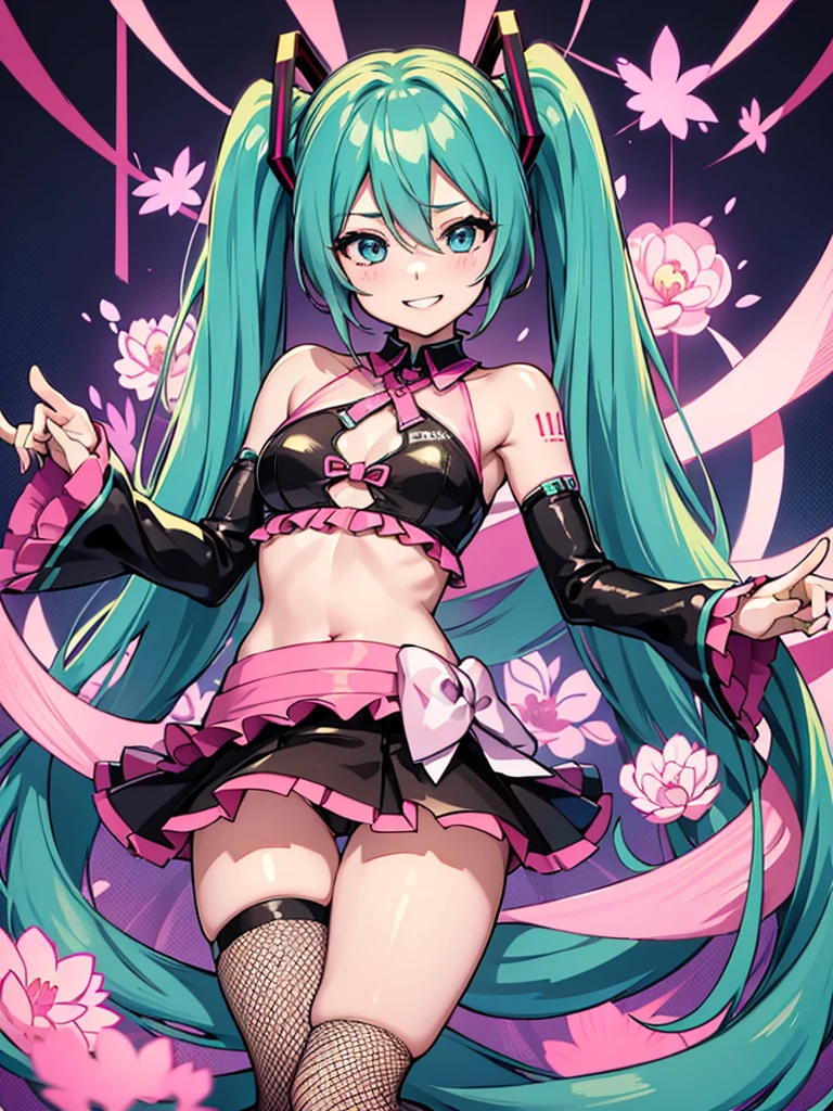 hatsune miku, 1girl, very sexy revealing bright outfit, cute mature smiling face, fishnets on legs and hands, hatsune miku, on dark japanese background, laced revealing shirt, pink stripped tight fitted skirt