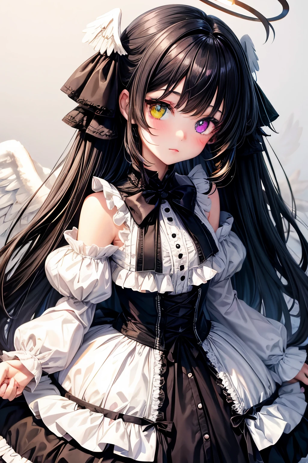 Black hair, heterochromia, right eye black), lolita, little girl, angel halo