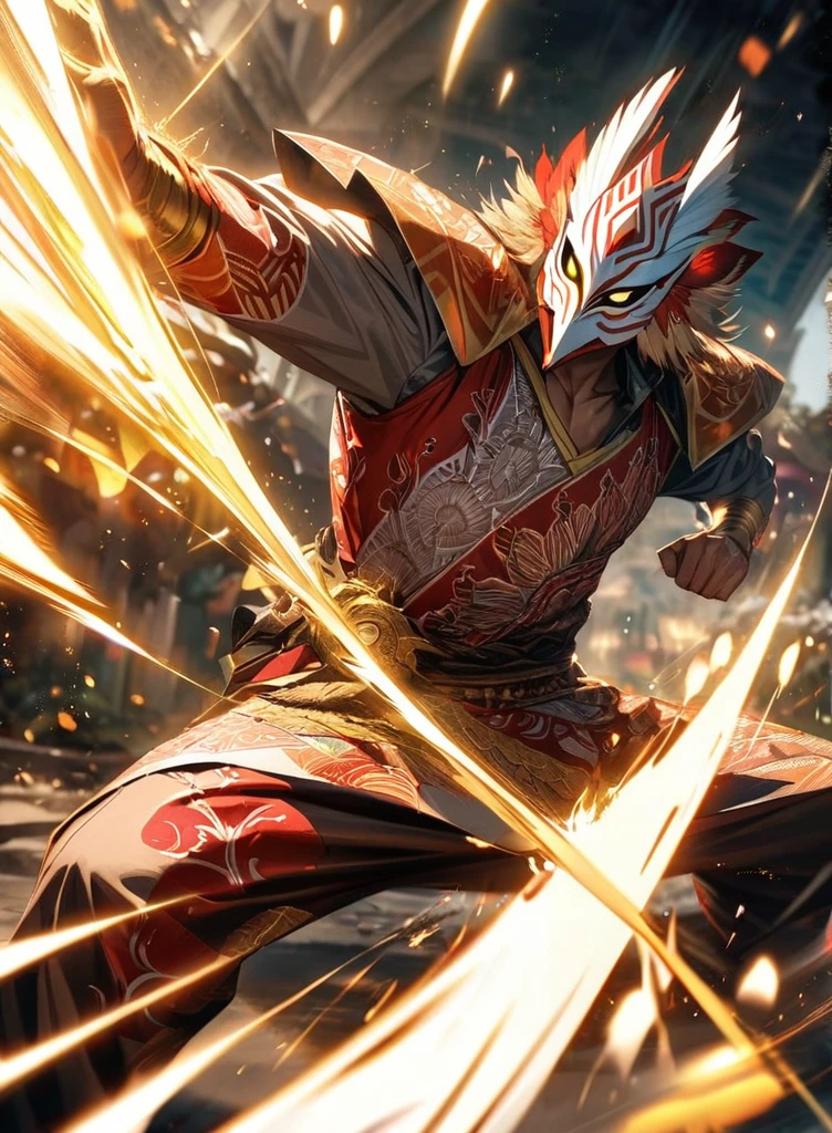 Full body view,absurdres, highres, ultra detailed, HDR, masterpiece, extremely detailed face and eyes,Indonesian Super Hero costume,,red and white Garuda costume, Garuda eagle mask, , Indonesia batik pattern , solo, man, handsome, ,, , Epic fight scene, golden splashing effect, golden effect,glowing glitters