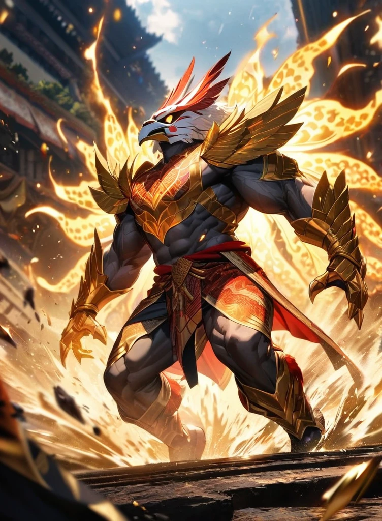 Full body view,absurdres, highres, ultra detailed, HDR, masterpiece, extremely detailed face and eyes,Indonesian Super Hero costume,,red and white Garuda costume, Garuda eagle mask, , Indonesia batik pattern , solo, man, handsome, ,, , Epic fight scene, golden splashing effect, golden effect,glowing glitters