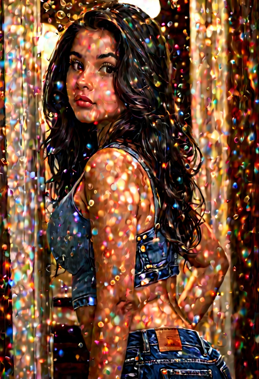 Close up of a beautiful  girl Latina brunette with long black hair, oval baby face and darown eyes, huge 32f breasts , small waist, wide hips and big bubble butt wearing a tight bra and skin tight jean shorts, standing bathroom, beautifully lit, dramatic composition