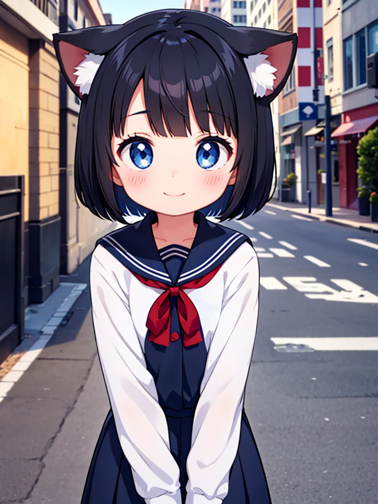 Short black hair Adult female　Dog Ears　Dark blue colored eyes　A student wearing a navy blue sailor uniform with a red ribbon　In the city　smile