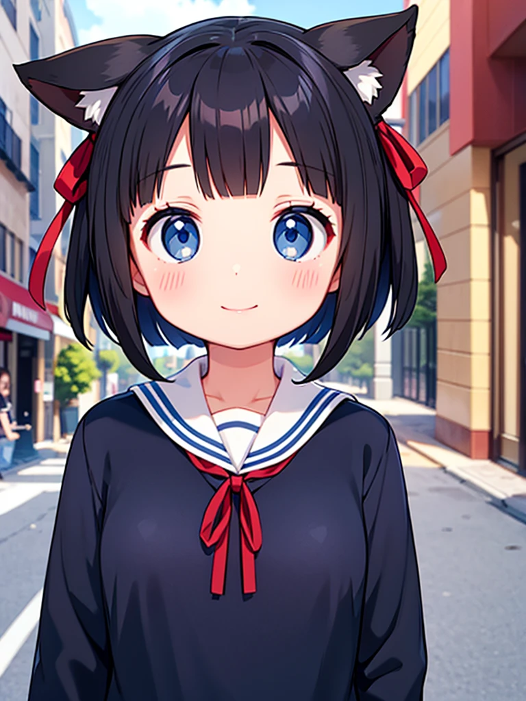 Short black hair Adult female　Dog Ears　Dark blue colored eyes　A student wearing a navy blue sailor uniform with a red ribbon　In the city　smile