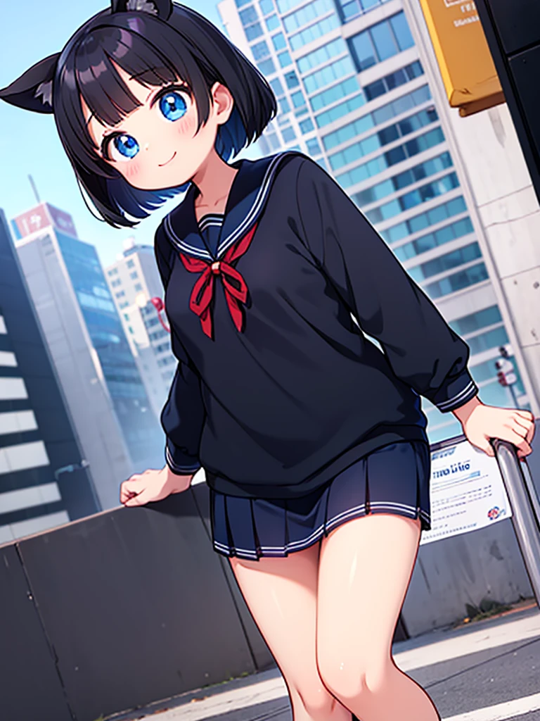 Short black hair Adult female Dog Ears Dark blue colored eyes A student wearing a navy blue sailor uniform with a red ribbon In the city smile