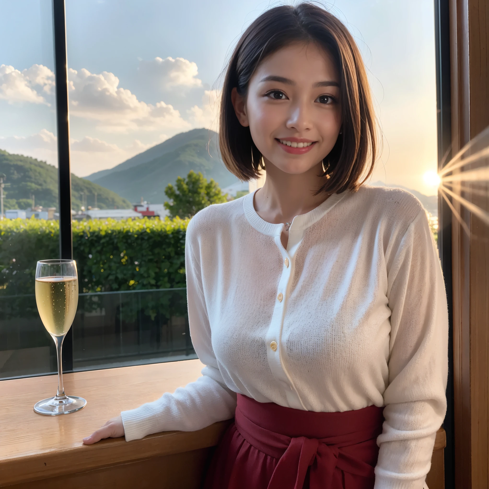 ((highest quality、8k、masterpiece:1.3))、1 male、1 female、Couple、spouse、Couple、The body is slim、((Bob Hale、Straight hair:1.2)), (Realistic, Intricate details:1.2), テーブルの上のwine glass、Shine light on your face、 Amazing view of the sunset sky and clouds、Amazing mountain views、A bright smile、The wonderfulness of smile、Bright image、The beauty of wine, Beautiful Face, blue eyes, The light shines on your face, Blushing, short hair,Bright Face、 (Age 37), 39 years old, red wine 、Appetizers、Italian food、Wine bottle、Champagne、sparkling wine、Two beauties、Brown Hair、Shortcuts、Long sleeve shirt、dress、Pretty Woman 1, (slimな顔), (The body is slim), (Brown Hair), (Shortcuts), cheeks turn a little red,Attractive beauty、restaurant, In a prominent place (From the waist up) Nova Frog Style, actress, model, Upper Body, White wine, slim, wine glass, 中央に置かれたwine glass, smile, (smile: 1.15), Beautiful fine grain, Depth f/2,saturation, High Contrast, Strong light and shadow,Moist Body:1.5、3D texture、Delicate eyes、Brown Hair、The hair is very shiny、
