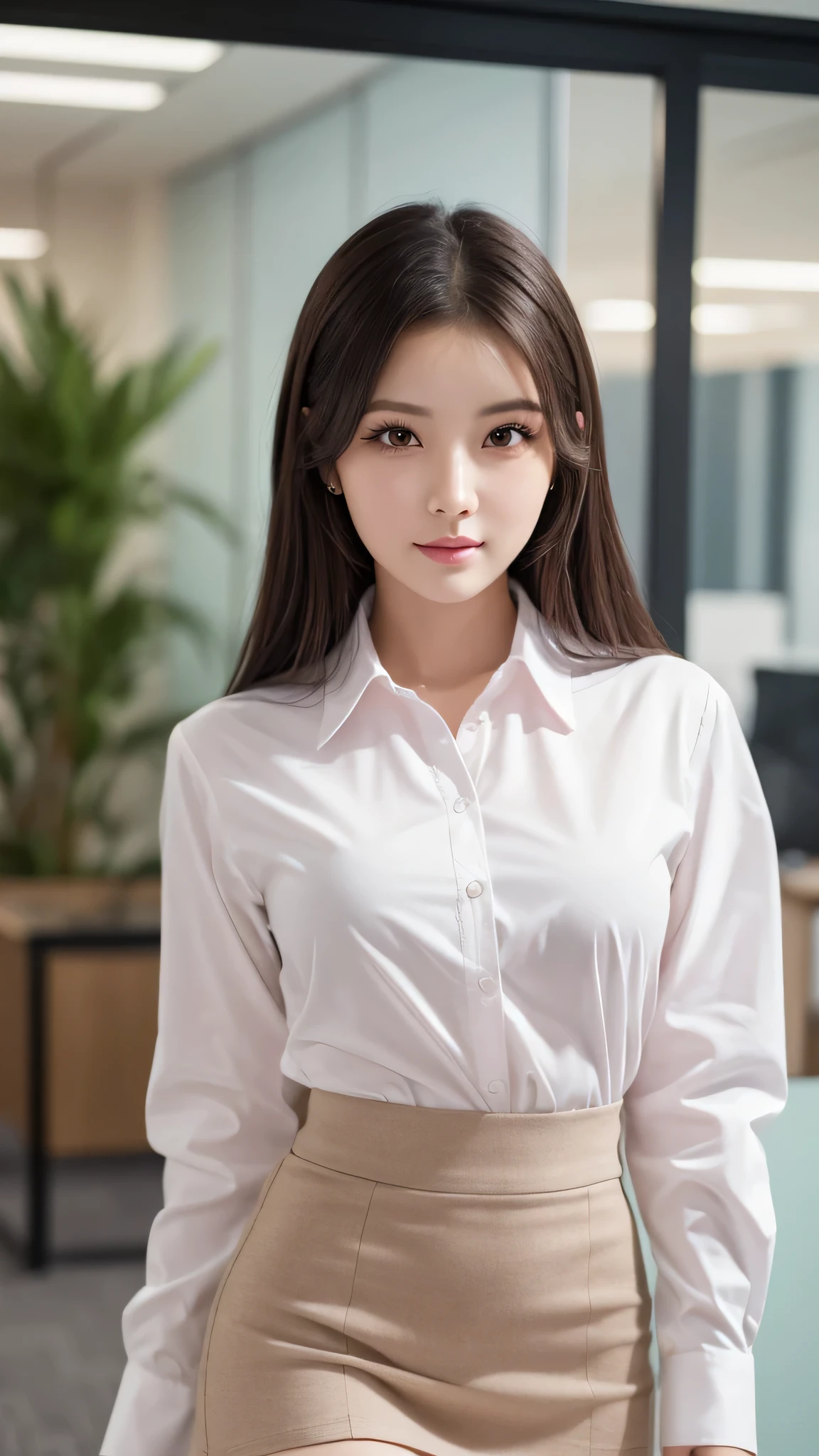 (ung woman), kawaii face, (highly detailed face), Amazing face and eyes, (Best Quality:1.4), (Ultra-detailed), (extremely detailed CG unified 8k wallpaper), Highly detailed, High-definition raw color photos, Professional Photography, Realistic portrait, Amazing face and eyes, Pink eyes, indoors, office, (office lady, shirt, miniskirt,:1.3), model, depth of fields, (fine face:1.2),