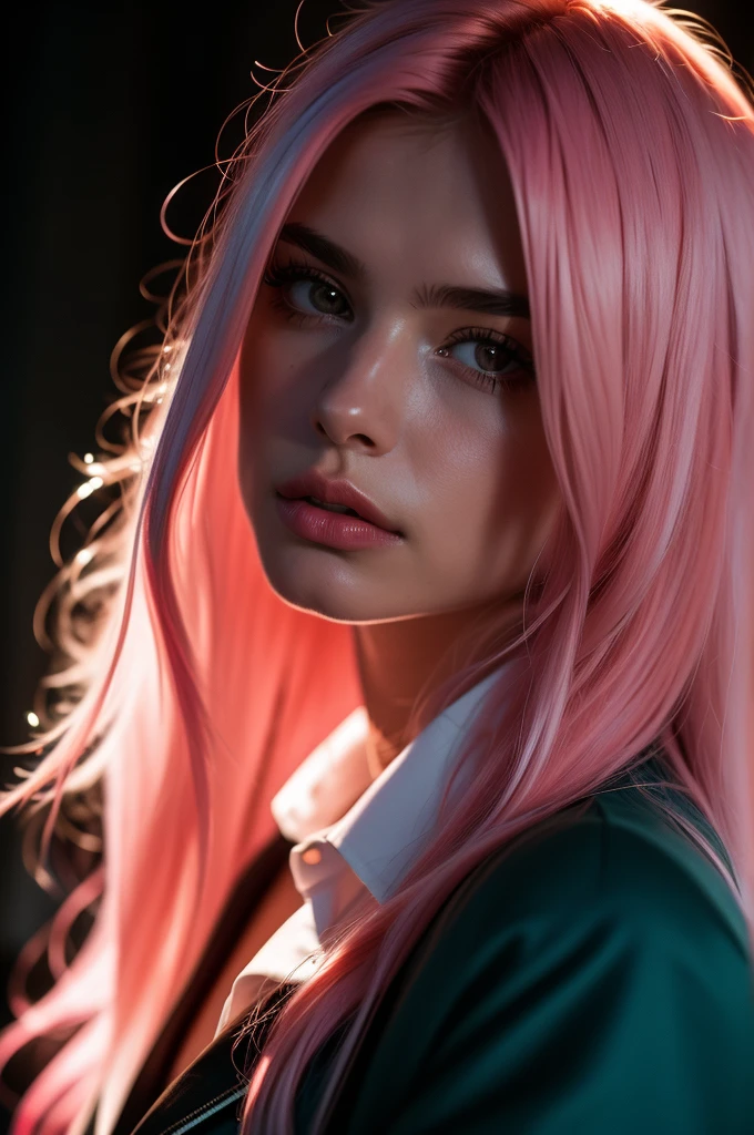 Instagram Photos, French woman, 21 years old, Long Hair,Pink Hair, Close-up portrait, Jacket,shirt, Neckline, pale, Sharp Shadow