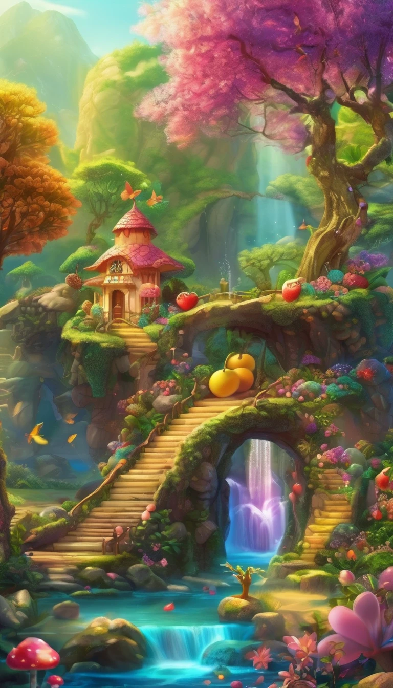 Trees with various fruits, fantasy, tinkerbell, fairyland scenery, 3D, kawaii, colorful, best picture quality.