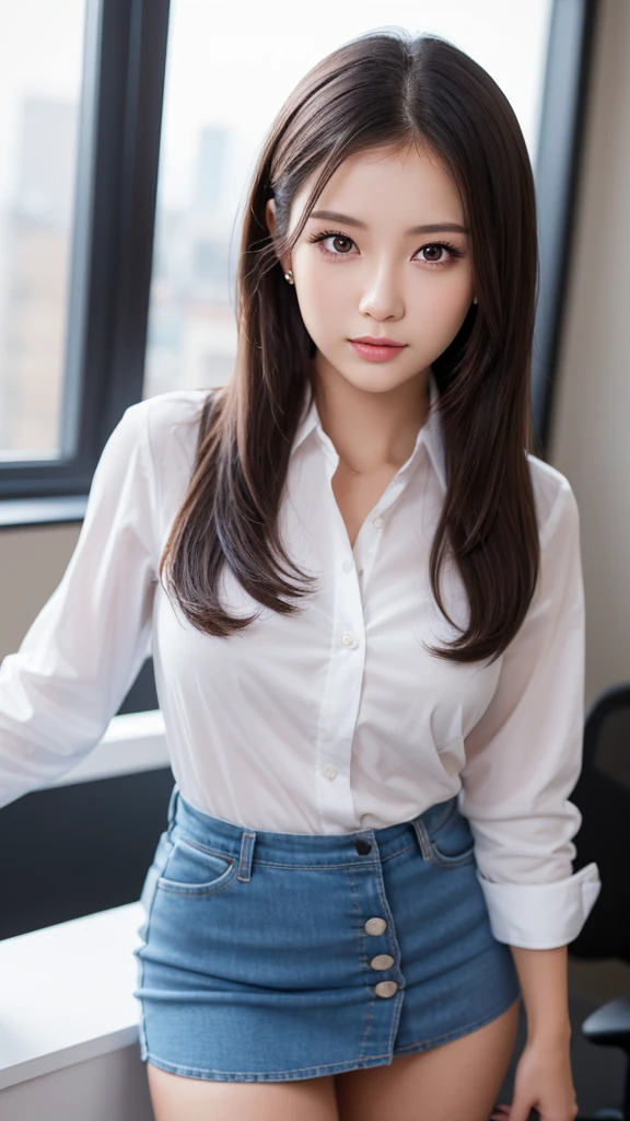(ung woman), kawaii face, (highly detailed face), Amazing face and eyes, (Best Quality:1.4), (Ultra-detailed), (extremely detailed CG unified 8k wallpaper), Highly detailed, High-definition raw color photos, Professional Photography, Realistic portrait, Amazing face and eyes, Pink eyes, indoors, office, (office lady, shirt, miniskirt,:1.3), model, depth of fields, (fine face:1.2),