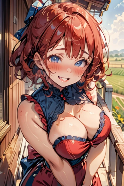 A woman with average height, with a curvy build; curly red hair; blue eyes; freckled face; a perpetually cheerful smile; soft breasts; drunk on a balcony overlooking fields; blushing heavily; lustful expression; biting lower lip; wearing vintage clothing; soft blur background,