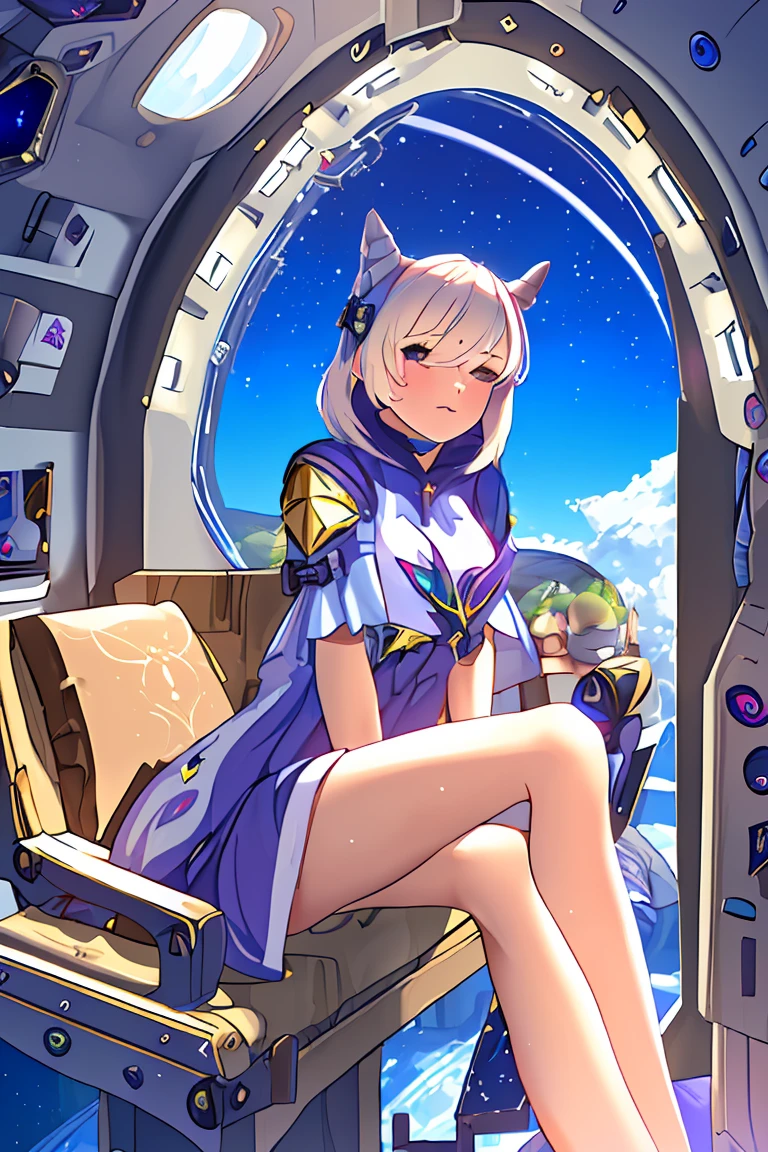 Una joven rubia sexy con pelo corto y ropa caliente se sienta en un asiento en una nave espacial y la ventana puede mostrar hermosas estrellas