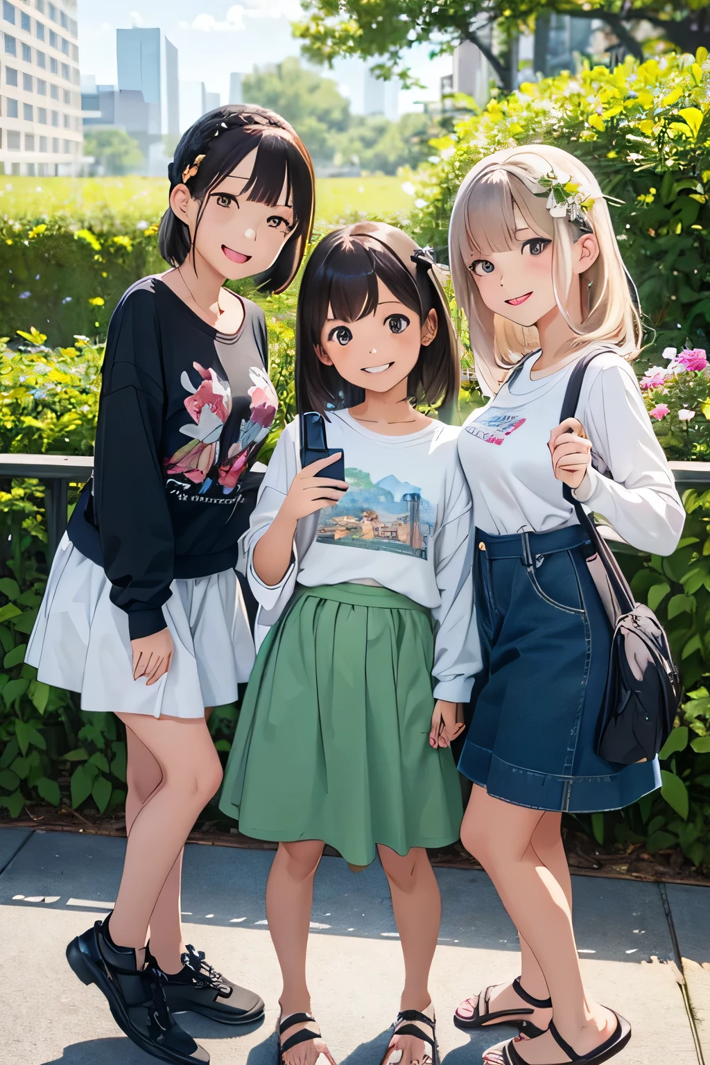 highest quality、High resolution、Detailed Background、(Beautiful face in every detail:1.4)、Anatomically correct、(Detailed facial expressions)、(Detailed eyes:1.2)、Teenage beauty、(Highly detailed face:1.4)、(Detailed eyes:1.2)、(Huge breasts:1.2)、cute hair color、Braided bob cut、Braided Ponytail、cute hairstyle、well-groomed eyebrows、Smiling、A fun atmosphere、Cute gestures、Cowboy Shot、
(Three beautiful girls taking a selfie with big smiles:1.5)、

Beautiful natural scenery such as lush parks, blue skies and white clouds make a great background.、
The silhouettes of skyscrapers and modern architecture create a sophisticated atmosphere.、The illuminated buildings at dusk are particularly impressive.、Bright flowers々The lush greenery adds a touch of natural color.、Flowers in a vase, garden views, etc.、
Colorful graffiti and artwork on the walls create an artistic atmosphere.、

T-shirts and polo shirts、Long sleeve cut and sew、Shorts、Flared skirts and culottes are cute.、
sneakers、Sandals、Backpack、Sacoche、Caps and bucket hats are cute、cute