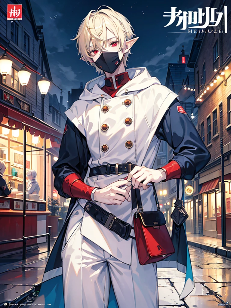 1man, adult, elf, short haircut, white and blonde coloured hair, red eyes, sleepy eyes, wearing face mask, wearing blue techno jacket, hood, holding ice cream, cool, nighttime, town square, masterpiece, best quality, magazine cover, text cover