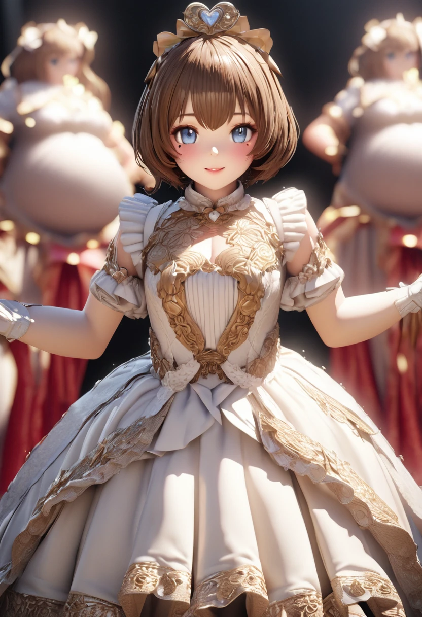 One Girl、Looking at the audience、
Beautiful Blue Eyes、Brown short hair、Mole under the eye、Plump and glossy lips、Heart-shaped choca、Idol、smile、ー、。.。.。.。.。.。.。.。.。.。.。.。.。.。.。.。.。.。.3D、Realistic、
Princess dress with too many frills、Drape clothes、gem、The decoration has been removed、Floral、Lace trim、bright stage、
masterpiece、highest quality、8k、Detailed skin texture、Detailed cloth texture、Beautifully detailed face、Intricate details、Very detailed、
超A high resolution、8K Ultra HD、Film Grain、Best Shadow、delicate、Staring at the audience、front