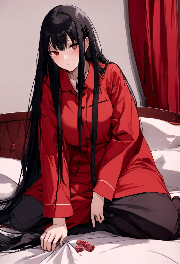 a woman, long black hair, was in the room, sitting on the edge of the bed carrying a box of condoms, at night, wearing pajamas