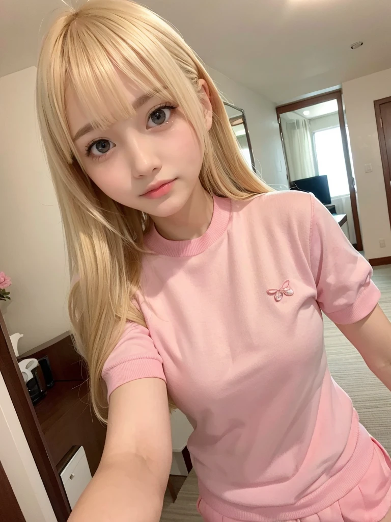 posing for camera, blonde hair, bangs, pink preppy outfit, hotel room