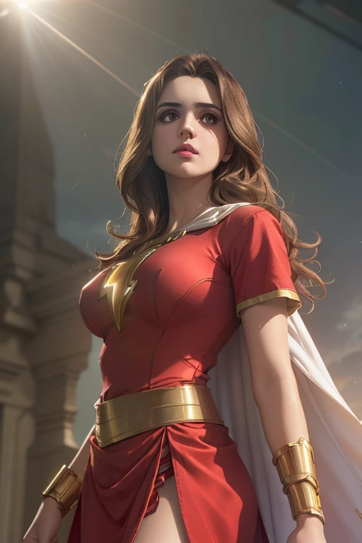 (ultra realistic,32k, masterpiece:1.2),(high detailed skin:1.1),( 8k uhd, dslr, high quality:1.1), Laura Marano,
Laura Marano as mary marvel, brown hair, long hair, white cape, red dress, red skirt, short sleeves, bracer , (huge breast:0.9), (looking at viewer, standing, from below:1.1),,,(dense light rays:1.1),blank background