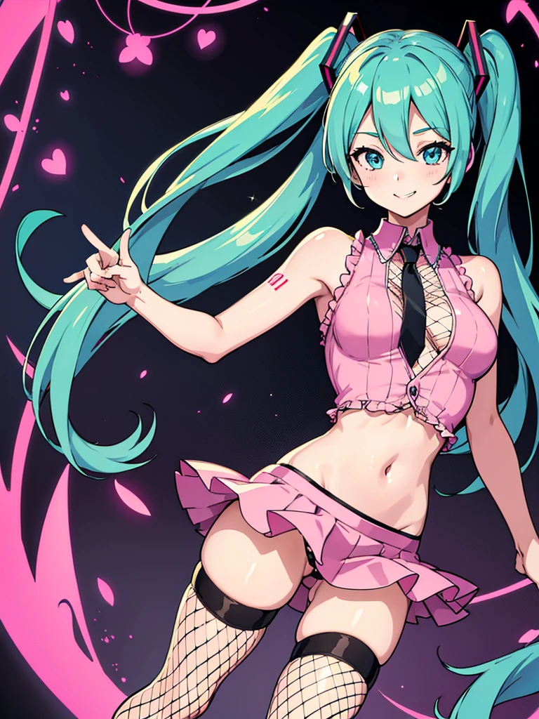 hatsune miku, 1girl, very sexy revealing bright outfit, cute mature smiling face, fishnets on legs and hands, hatsune miku, on dark japanese background, laced revealing shirt, pink stripped tight fitted skirt