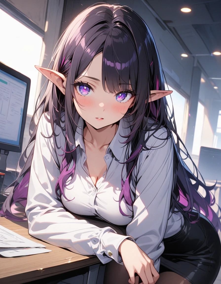 ((highest quality, masterpiece, ultra high definition, high resolution)), ((ultra-detailed illustrations:1.2)), 1 girl, solo, anime style, beautiful hair, parted bangs, loose hair, long hair, black hair, dark purple hair, multi colored hair, beautiful detailed eyes, beautiful detailed pupils, violet eyes, looking at viewer, pointed ears, mid-chest, white shirt, collared shirt, long sleeves, black mini skirt, pantyhose, shiny skin, shiny, indoor, office