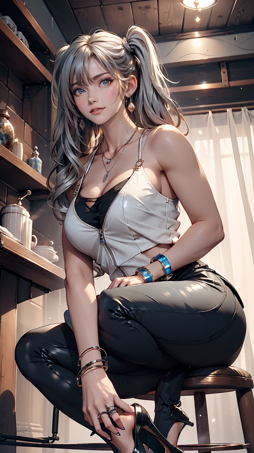 Twin tails, Silver Hair,Wear high-neck zipper-up tops, Pause, cute, Look up, high quality, necklace, ring, bracelet, Earrings、Wear low rise leggings、Wear stiletto heels、