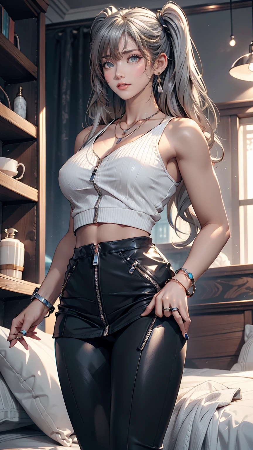 Twin tails, Silver Hair,Wear high-neck zipper-up tops, Pause, cute, Look up, high quality, necklace, ring, bracelet, Earrings、Wear low rise leggings、Wear stiletto heels、