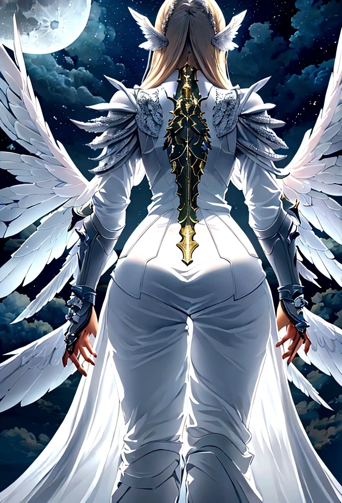 (a back view model shot taken from the rear: 1.5), female angel (Masterpiece, intense details: 1.3), paladin, holy warrior, short blond hair, determined face, full body, ((fully clothed: 1.5)), armed with sword, holy symbol, (wearing white armor: 1.3), (wings sprouting from the back: 1.3) spread large feathered wings, majestic wings, white angelic wings, moon light, moon, stars, clouds, cemetery background, anatomically correct (Masterpiece, intense details: 1.3), god rays, cinematic lighting, glowing light, photorealism, panoramic view, Wide-Angle, Ultra-Wide Angle, 16k, highres, best quality, high details, ultra detailed, masterpiece, best quality, (extremely detailed), arafed, dnd art, armored dress