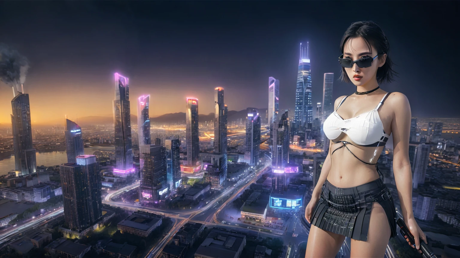 UE 5, computer render, Rendered by Octane, (8K, tmasterpiece), (realistically, Photo degree:1) luminescent concept art, (((((aerial view))))) of Cyberpunk city scene, ((Surreal circuit architecture)), (((((supercars street racing, 1 drone))))). Matrix style, (((((Matrix cascading code))))), (((((a futuristic twin tower skyscraper with a unique twisted design))))), (((((OLED GUI interfaces in the building))))), at night, (((((1girl, solo))))), photo realistic, (((large-breast:1.2 slim body, cleavage))), (((off torn mini matrix-code sling-shirt and black sling bra, extreamly short pleated matrix-code miniskirt exposing panty))), (((((running pose))))), (((((((matrix style black micro sunglasses))))))), ((((((((((aiming with a short gun)))))))))), (((((looking at camera))))), (((very low view))), (((((half-body thigh level medium shot))))), (((cinematic lighting))).