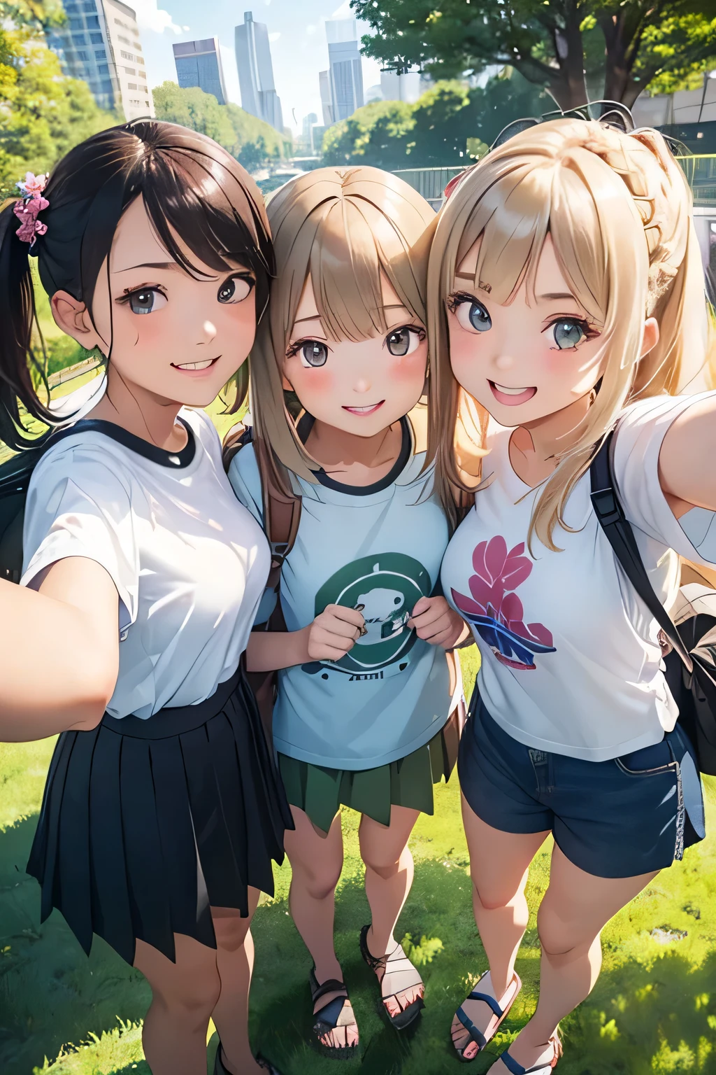 highest quality、High resolution、Detailed Background、(Beautiful face in every detail:1.4)、Anatomically correct、(Detailed facial expressions)、(Detailed eyes:1.2)、age beauty、(Highly detailed face:1.4)、(Detailed eyes:1.2)、(Huge breasts:1.2)、cute hair color、Braided bob cut、Braided Ponytail、cute hairstyle、well-groomed eyebrows、Smiling、A fun atmosphere、Cute gestures、Cowboy Shot、
(Three beautiful girls taking a selfie with big smiles:1.5)、
Beautiful natural scenery such as lush parks, blue skies and white clouds make a great background.、
The silhouettes of skyscrapers and modern architecture create a sophisticated atmosphere.、The illuminated buildings at dusk are particularly impressive.、Bright flowers々The lush greenery adds a touch of natural color.、Flowers in a vase, garden views, etc.、
Colorful graffiti and artwork on the walls create an artistic atmosphere.、
T-shirts and polo shirts、Long sleeve cut and sew、Shorts、Flared skirts and culottes are cute.、
sneakers、Sandals、Backpack、Sacoche、Caps and bucket hats are cute、cute