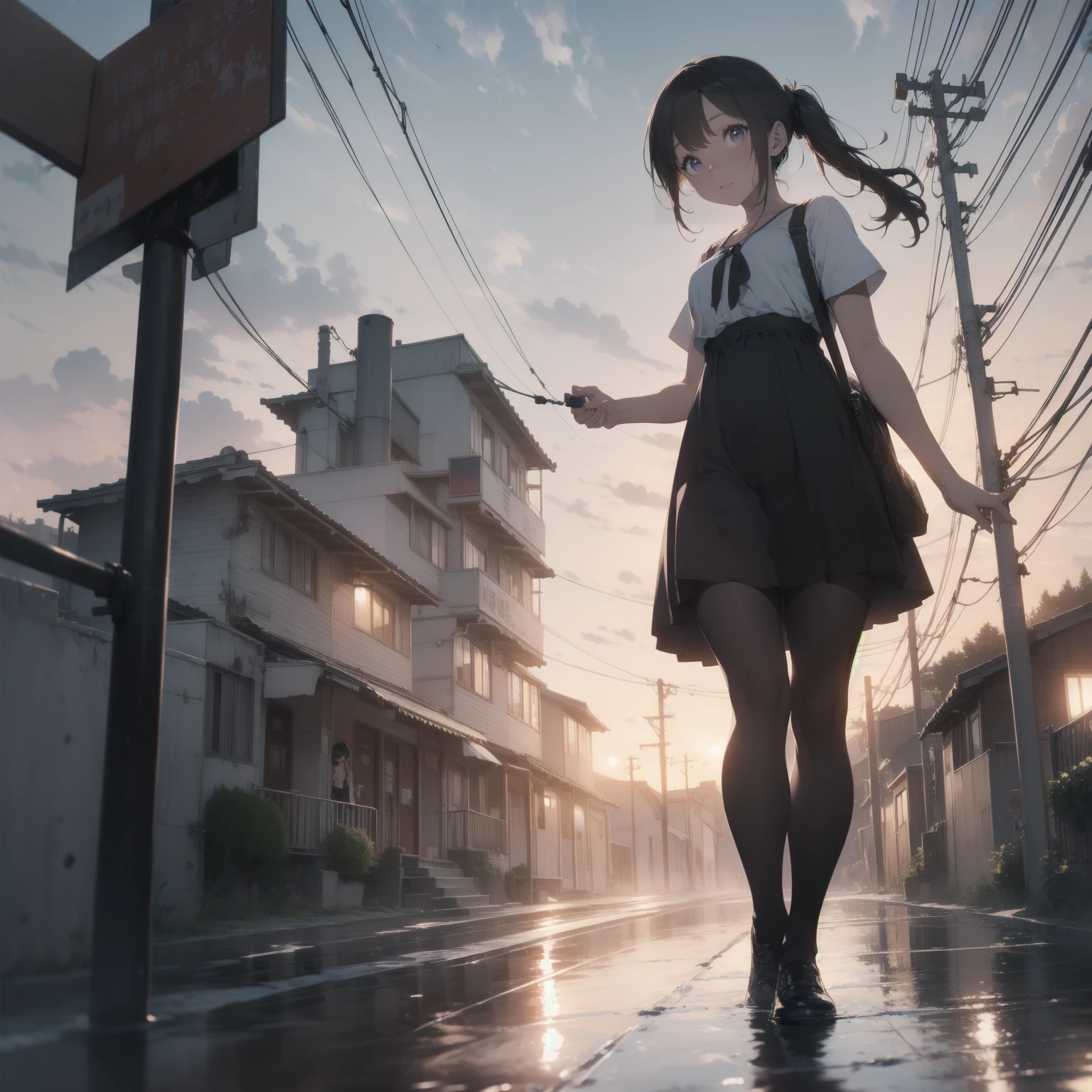 Vast landscape photography、(View from below、Shows the sky above and below)、High resolution、highest quality、Very detailed、makoto shinkai、sunset、Girl in white dress looking sideways、College student with long brown hair、Electric pole、electric wire、Railroad crossing、Lens blur