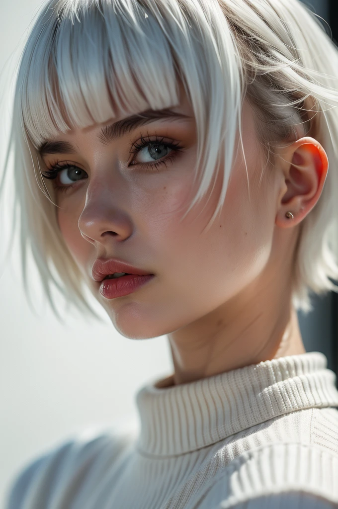 Instagram Photos, French woman, 21 years old, square hair cut,White hair, Close-up portrait, sweater, Neckline, pale, Sharp Shadow