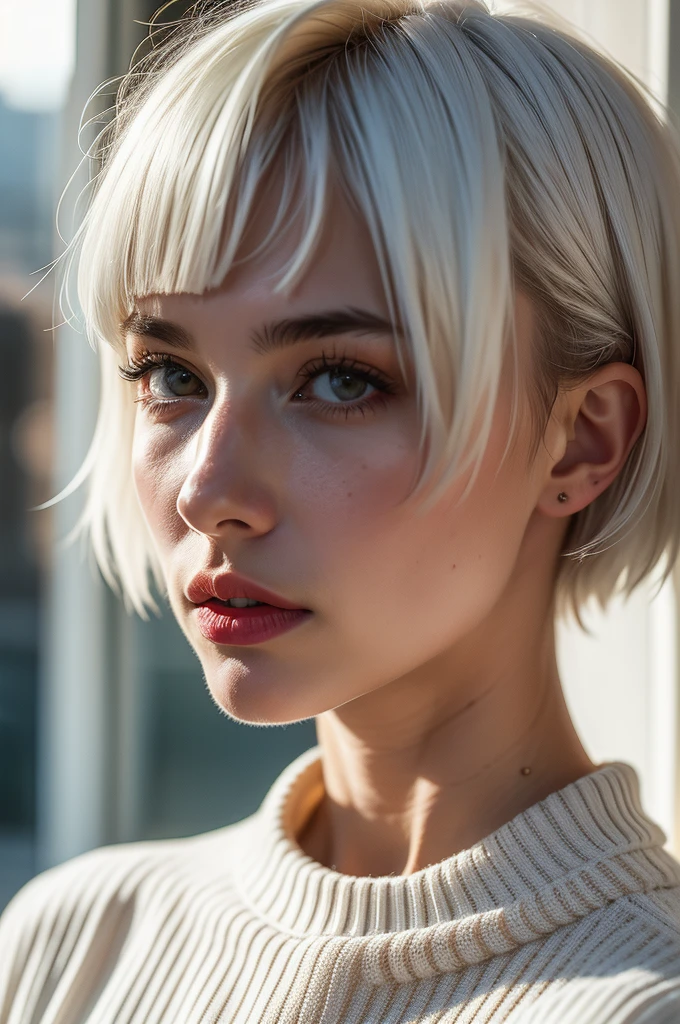 Instagram Photos, French woman, 21 years old, square hair cut,White hair, Close-up portrait, sweater, Neckline, pale, Sharp Shadow