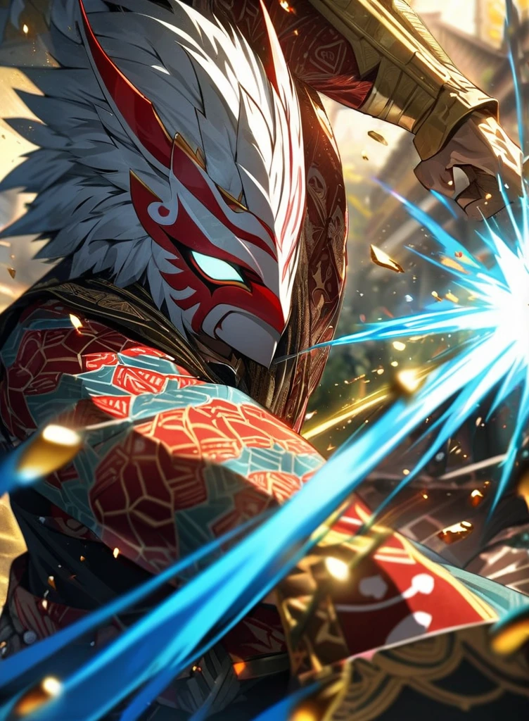 ,absurdres, highres, ultra detailed, HDR, masterpiece, extremely detailed face and eyes,Indonesian Super Hero costume,,red and white Garuda costume, Garuda eagle mask, , Indonesia batik pattern , solo, man, handsome, ,, , Epic fight scene, golden splashing effect, golden effect,glowing glitters