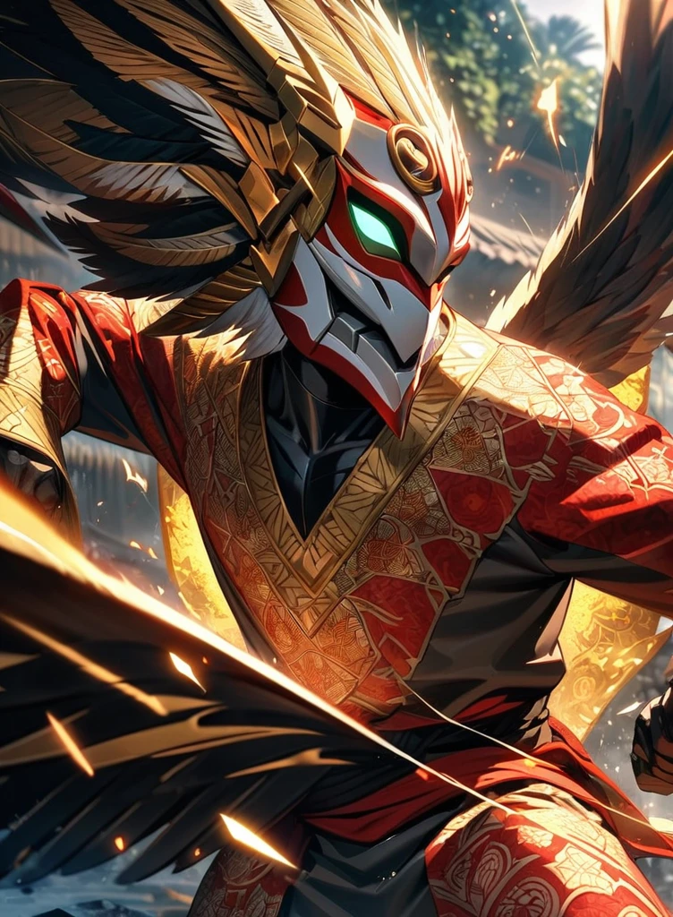 ,absurdres, highres, ultra detailed, HDR, masterpiece, extremely detailed face and eyes,Indonesian Super Hero costume,,red and white Garuda costume, Garuda eagle mask, , Indonesia batik pattern , solo, man, handsome, ,, , Epic fight scene, golden splashing effect, golden effect,glowing glitters
