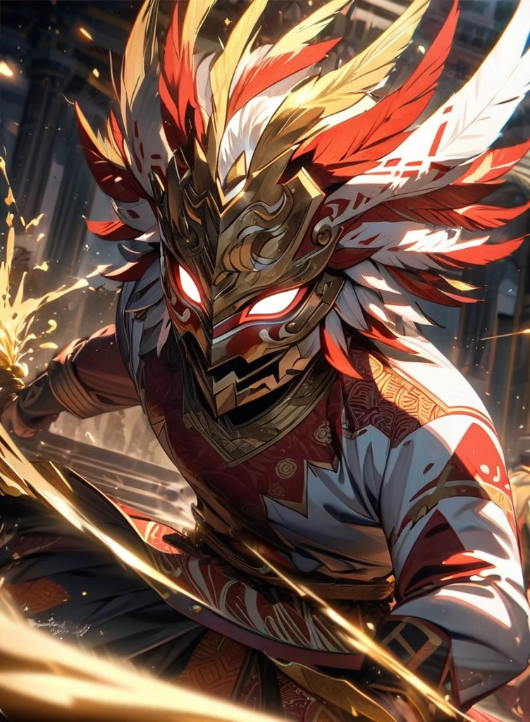 ,absurdres, highres, ultra detailed, HDR, masterpiece, extremely detailed face and eyes,Indonesian Super Hero costume,,red and white Garuda costume, Garuda eagle mask, , Indonesia batik pattern , solo, man, handsome, ,, , Epic fight scene, golden splashing effect, golden effect,glowing glitters