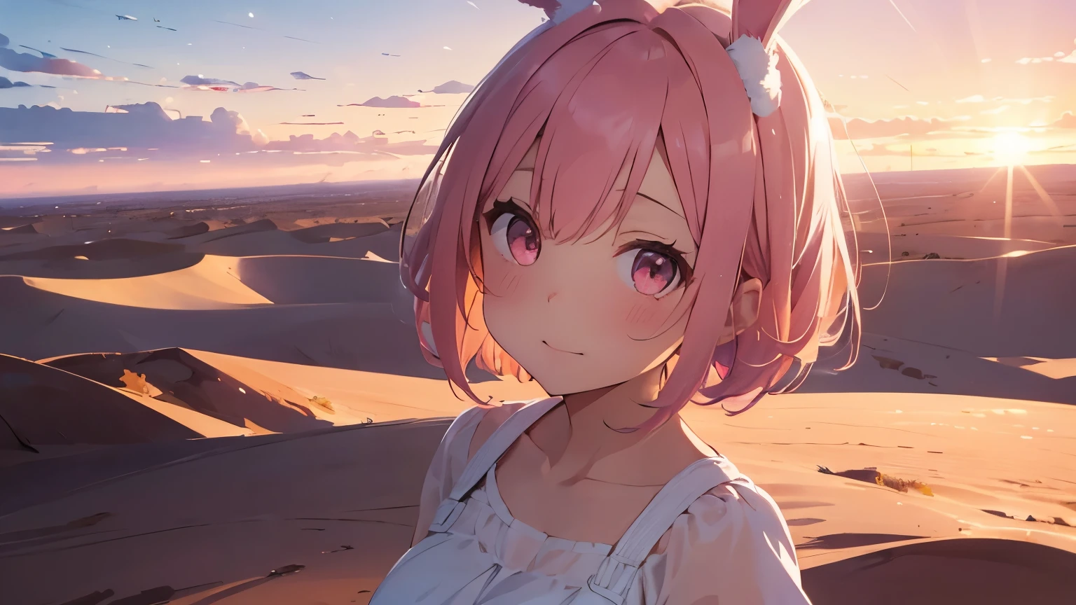 highest quality, pretty girl, pastel colour, Age 25,Fluffy bunny ears, Pink short bob,Pale pink eyes,The vast desert is bathed in the sunset、A landscape of orange and pink gradations
