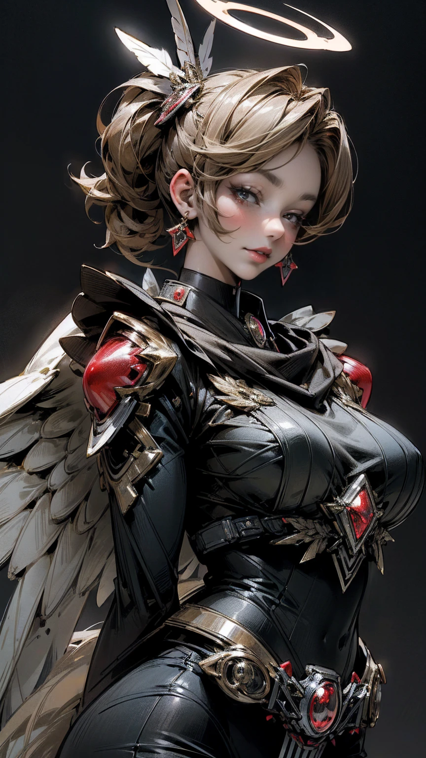 (Kamen rider lady),(angel lady:1.2),huge feather,halo,high detail,huge breasts upper body style middle  adult lady,red rouge parted lips,jewellery,mafia city teams background,secretary and boss,beautiful Illustration,High resolution