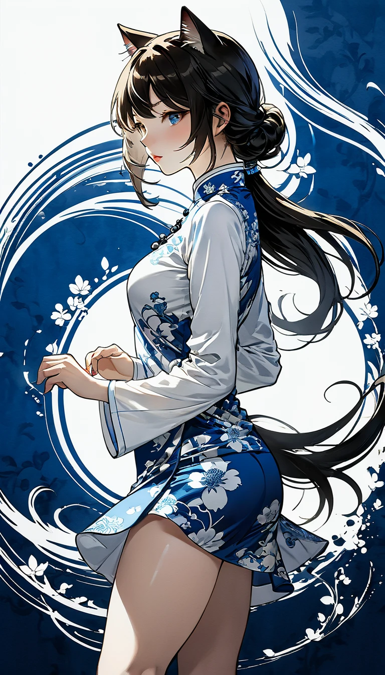 a girl, streaked hair, streaked hair, Blue and white porcelain cheongsam, Black and white yin yang tai chi background, gangster girl, backlight, Deep shadows, cat silhouette light, Cat squats on girl‘s shoulder, Charming suit cheongsam design, minimalist style, Tai Chi, Yin Yang style, Ink splash style background., chiaroscuro, glowing light, backlighting, motion lines, Carl Larsson, UHD, anatomically correct, masterpiece, retina, UHD, masterpiece