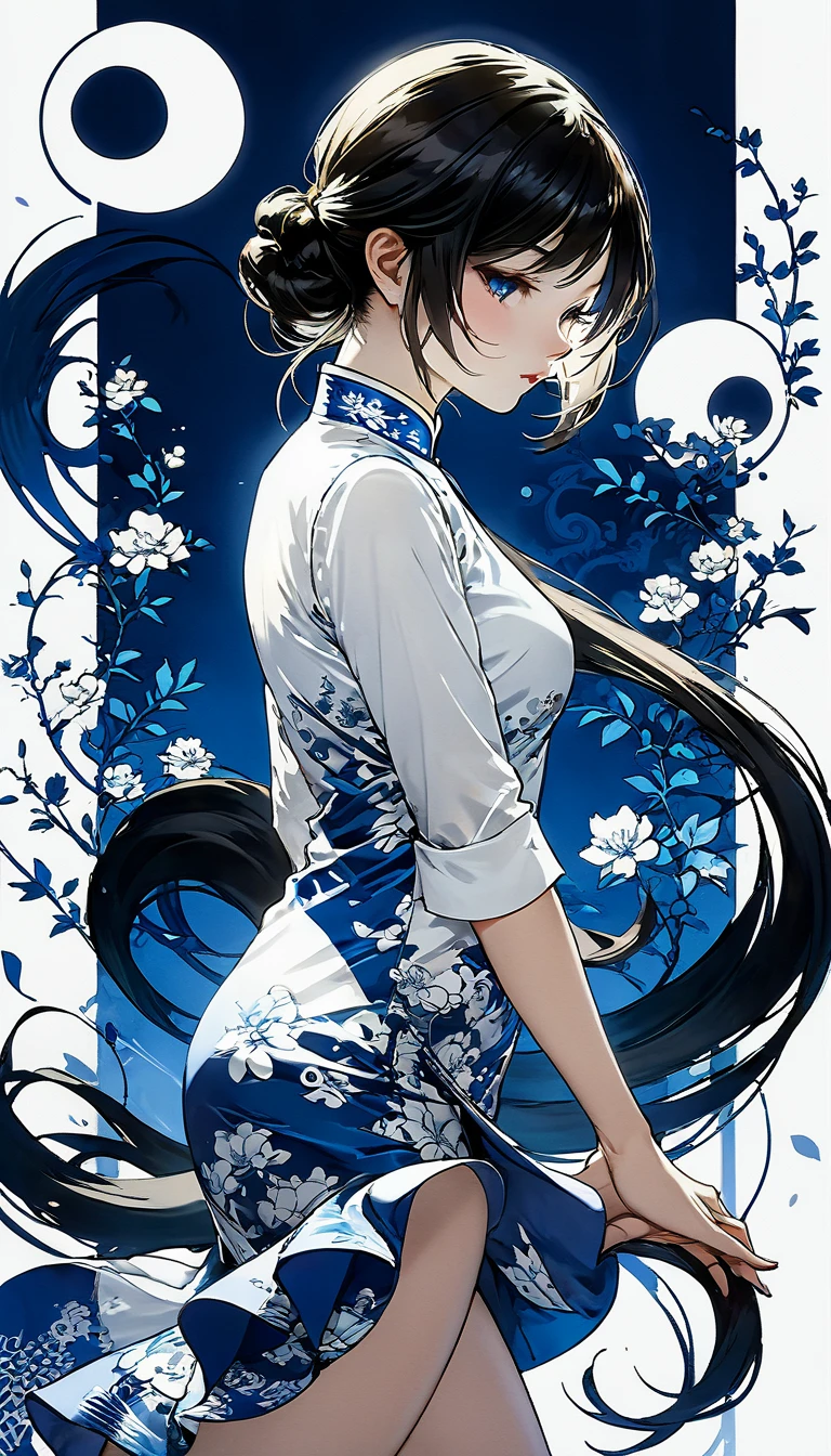 a girl, streaked hair, streaked hair, Blue and white porcelain cheongsam, Black and white yin yang tai chi background, gangster girl, backlight, Deep shadows, cat silhouette light, Cat squats on girl‘s shoulder, Charming suit cheongsam design, minimalist style, Tai Chi, Yin Yang style, Ink splash style background., chiaroscuro, glowing light, backlighting, motion lines, Carl Larsson, UHD, anatomically correct, masterpiece, retina, UHD, masterpiece