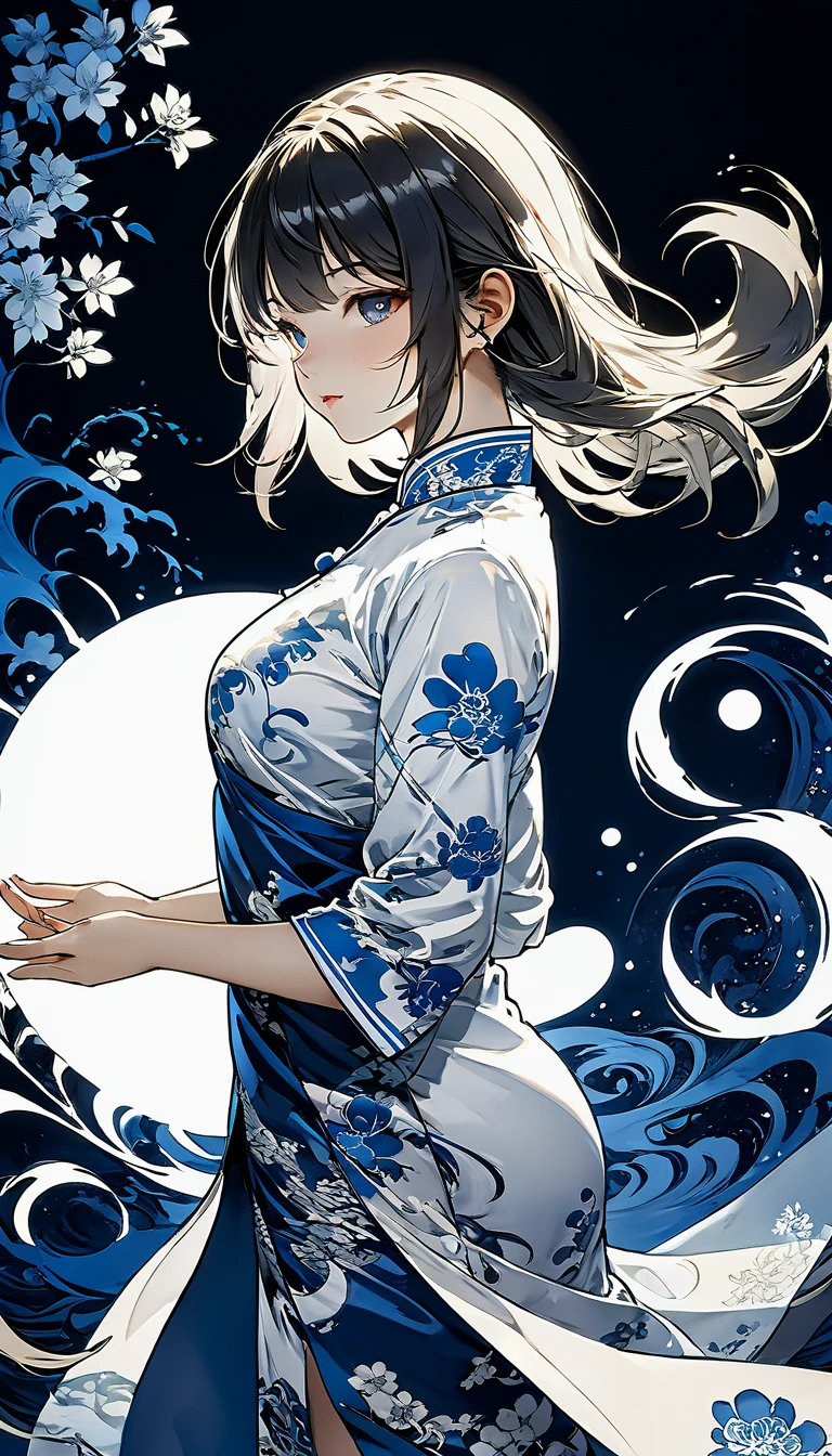 a girl, streaked hair, streaked hair, Blue and white porcelain cheongsam, Black and white yin yang tai chi background, gangster girl, backlight, Deep shadows, cat silhouette light, Cat squats on girl‘s shoulder, Charming suit cheongsam design, minimalist style, Tai Chi, Yin Yang style, Ink splash style background., chiaroscuro, glowing light, backlighting, motion lines, Carl Larsson, UHD, anatomically correct, masterpiece, retina, UHD, masterpiece