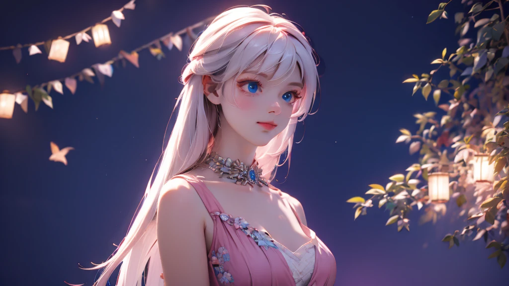 1 girl, medium light white hair, light blue eyes, wearing pink suit, night city, absurdres, high res, ultrasharp, 8K, masterpiece, looking from behind