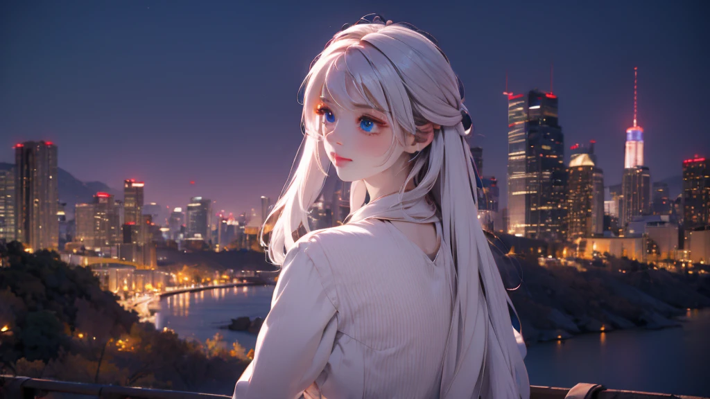 1 girl, medium light white hair, light blue eyes, wearing pink suit, night city, absurdres, high res, ultrasharp, 8K, masterpiece, looking from behind