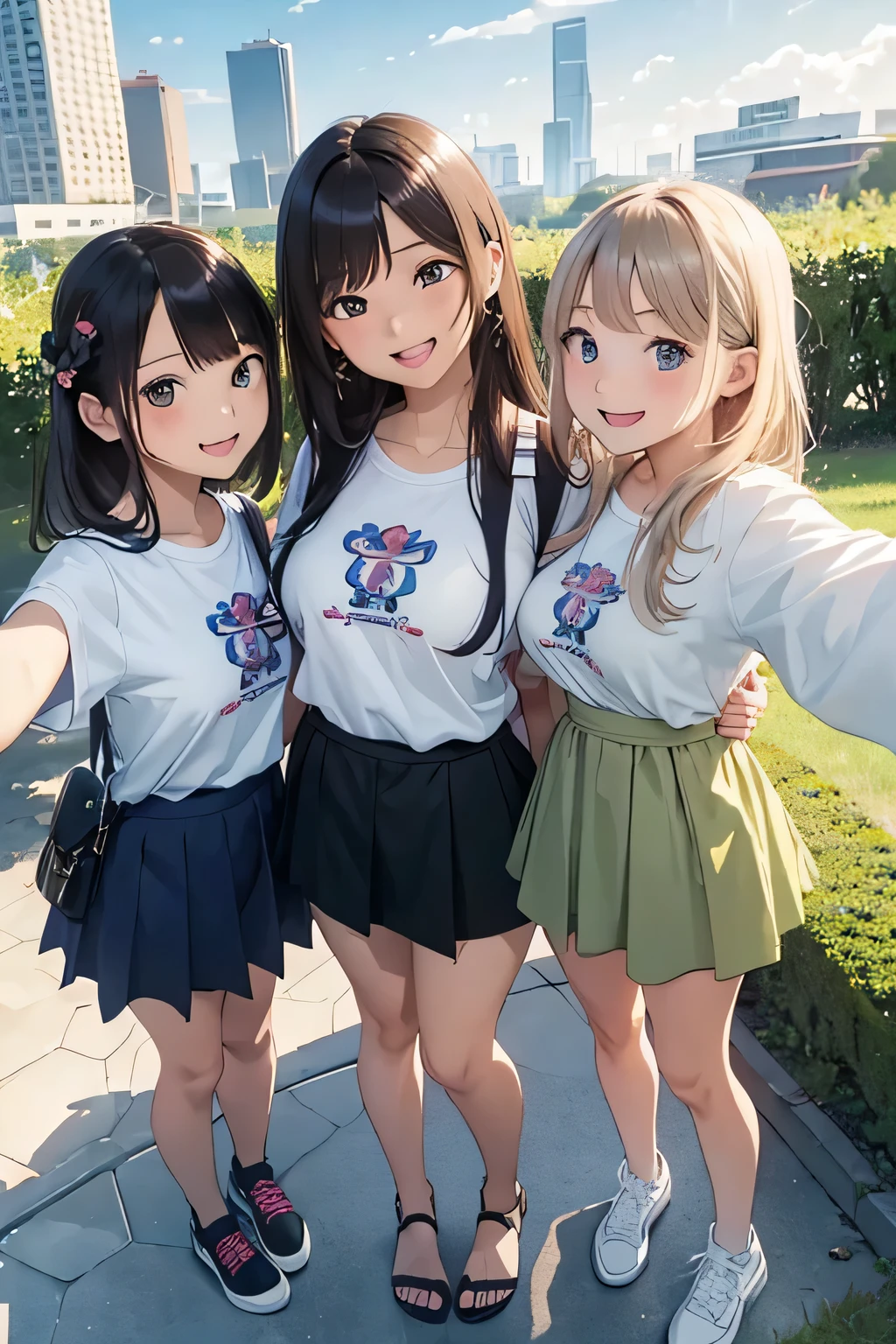 highest quality、High resolution、Detailed Background、(Beautiful face in every detail:1.4)、Anatomically correct、(Detailed facial expressions)、(Detailed eyes:1.2)、Teenage beauty、(Highly detailed face:1.4)、(Detailed eyes:1.2)、(Huge breasts:1.2)、cute hair color、Braided bob cut、Braided Ponytail、cute hairstyle、well-groomed eyebrows、Smiling、A fun atmosphere、Cute gestures、Cowboy Shot、
(Three beautiful girls taking a selfie with big smiles:1.5)、
Beautiful natural scenery such as lush parks, blue skies and white clouds make a great background.、
The silhouettes of skyscrapers and modern architecture create a sophisticated atmosphere.、The illuminated buildings at dusk are particularly impressive.、Bright flowers々The lush greenery adds a touch of natural color.、Flowers in a vase, garden views, etc.、
Colorful graffiti and artwork on the walls create an artistic atmosphere.、
T-shirts and polo shirts、Long sleeve cut and sew、Shorts、Flared skirts and culottes are cute.、
sneakers、Sandals、Backpack、Sacoche、Caps and bucket hats are cute、cute