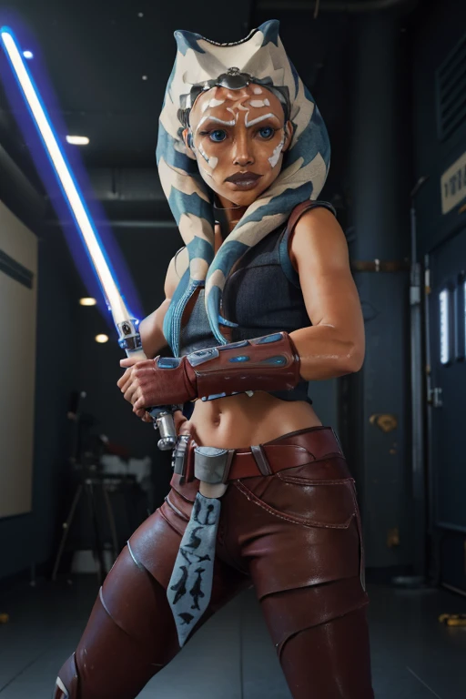 1girl, blue eyes, orange skin, lightsaber, tentacle hair, full body shot, masterpiece, best quality, highres, 8k, 4k, blue eyes, boots, orange skin, gloves, tattoo, colorful skin, facial marking, face tattoo, belt, forehead marking, lips, armor, long hair, cowgirl shot, fighting pose, frown