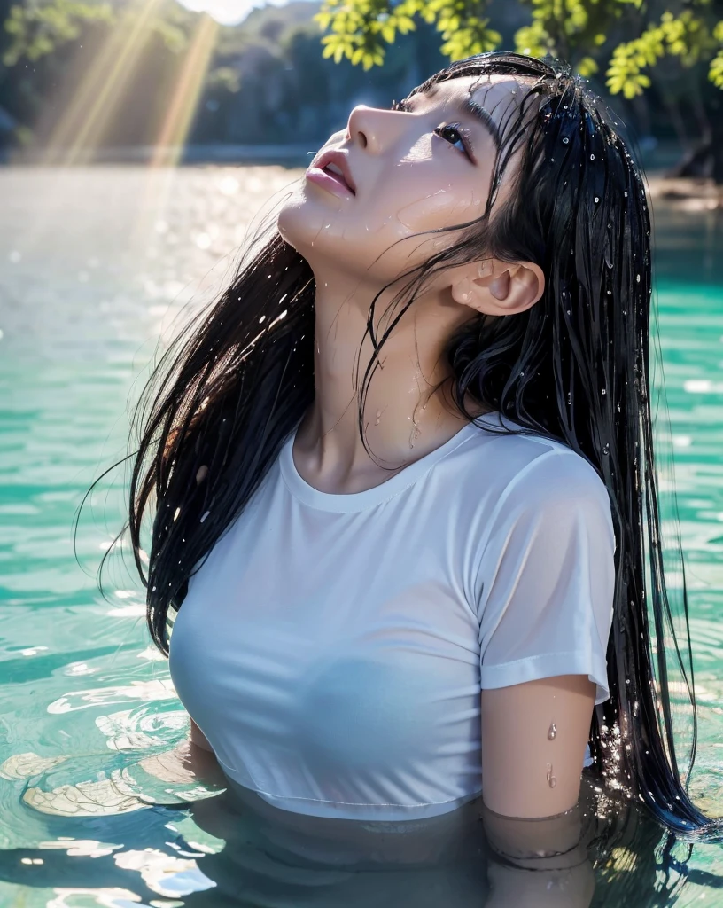 (highest quality, 32k, High resolution, Masterpiece:1.5, ), marimo_jet, god々A photograph with brilliant dazzling and healing power., Evoking a sense of calm and elusive beauty, Expressing emotions, Have a rich imagination,Beautiful Japanese Girls, An exceptionally beautiful face, Small Face Beauty, ((Profile looking up at the sky:1.2)), Perfect Human Anatomy, Magical big eyes, Motherhood and generosity, Deep Love, fleeting smile, shiny wet black hair, Super Long Straight Silk Hair, Asymmetrical bangs, Hair between the eyes, Transparent, soft white skin, Sharp eyebrows, Thin lashes, Natural Makeup, Cheek highlighter, Pale pink detailed lips, , ((Wet black t-shirt:1.2)), Slim figure with ample breasts, High resolutionの美しい太もも, ((Ancient ruins submerged in a blue lake:1.3)), ((It rains:1.2)), ((Background of light shining through a gap in the cloudy sky:1.3)), Dazzling Sun, Professional Lighting, Professional photographer, Professional models, god秘的