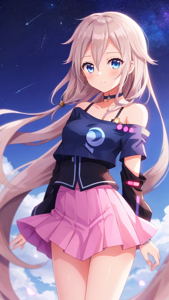one girl, IA, Vocaloid, CeVIO AI, short skirt, black shirt, off shoulder, choker, beauty, starry sky, mysterious girl, close to girl, Aria on the Planetes, slender, cool, straight hair, cowboy shot, face focus, cute, happily
