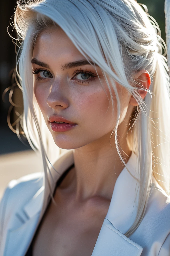 Instagram Photos, French woman, 21 years old, Long Hair,White hair, Close-up portrait, Jacket,shirt, Neckline, pale, Sharp Shadow