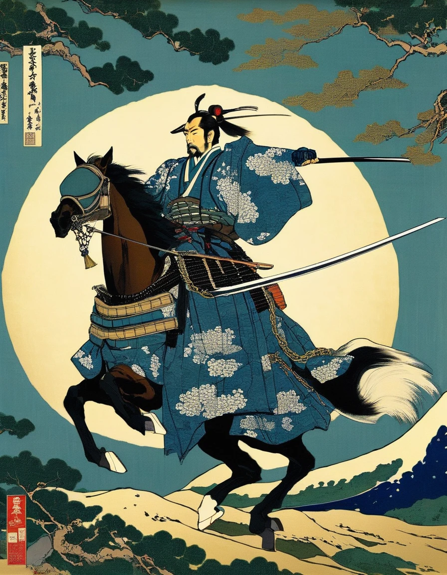 There is a man dressed as a samurai riding a horse, Japanese warrior, Japanese samurai, Dressed in old samurai uniform, Dressed in samurai armor, wearing samurai armor, Ashigaru bow, wearing kimono armor, Samurai warrior, Wearing kimono armor, ancient japanese samurai, samurai style, samurai costume, samurai armor, The samurai is wrapped in chains inspired by hokusai style(art inspired by Bill Sienkiewicz). oil painting)
